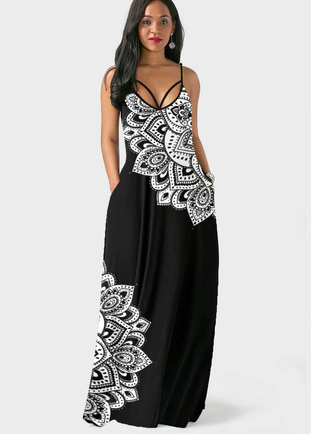 Black dresses,Tribal dresses,ROTITA Double Side Pockets Black Tribal Print Spaghetti Strap Dress