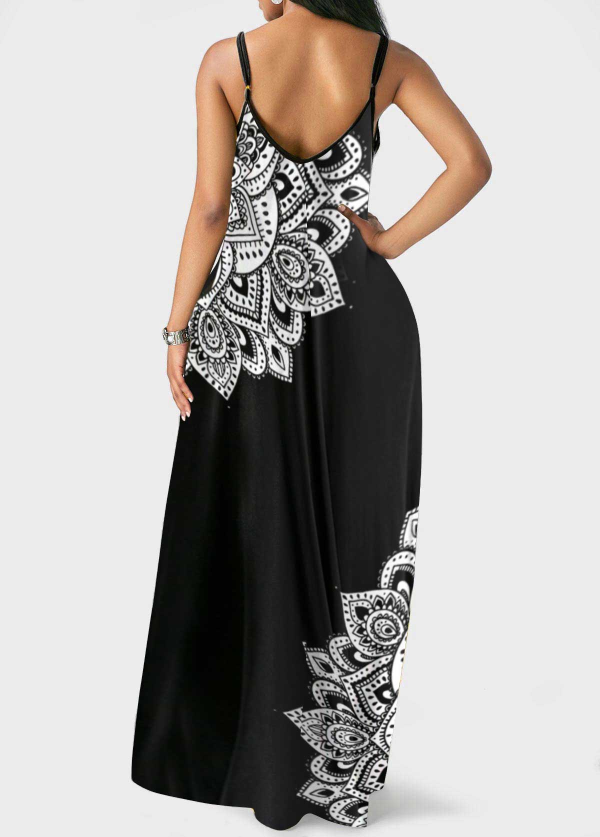 Black dresses,Tribal dresses,ROTITA Double Side Pockets Black Tribal Print Spaghetti Strap Dress