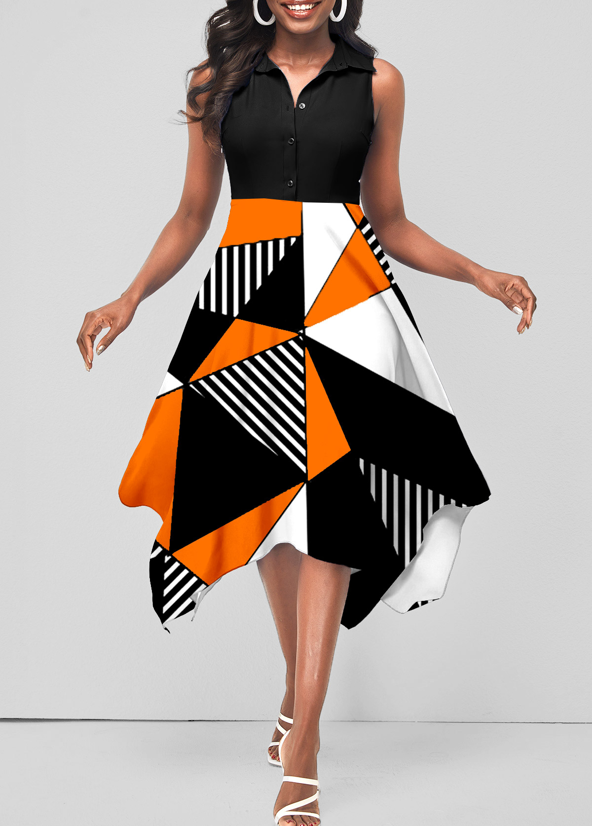 ROTITA Geometric Print Color Block Asymmetric Hem Dress