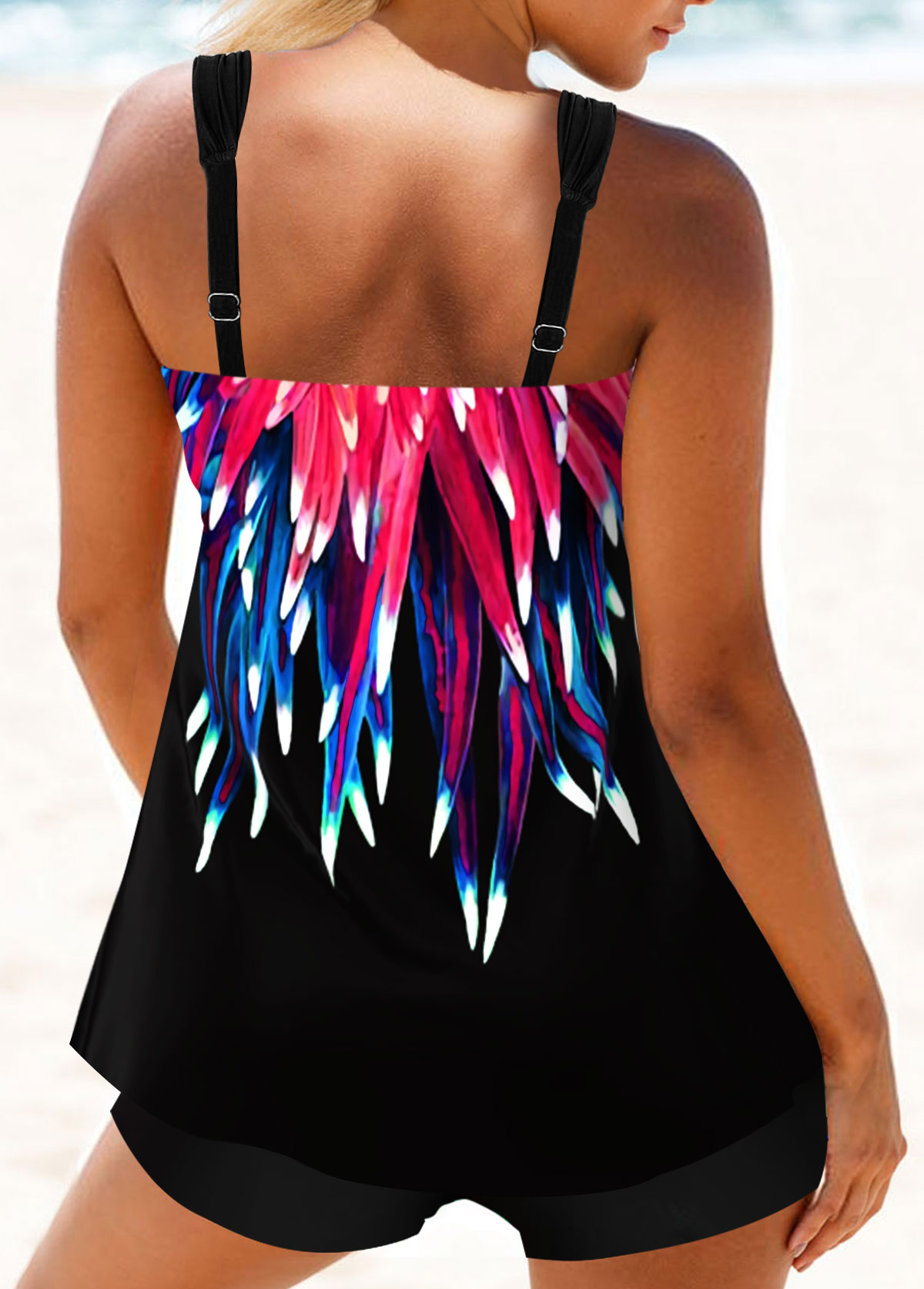 Hot Pink swimwear,Dazzle Colorful swimwear,ROTITA Wide Strap Rose Red Radial Print Tankini Top