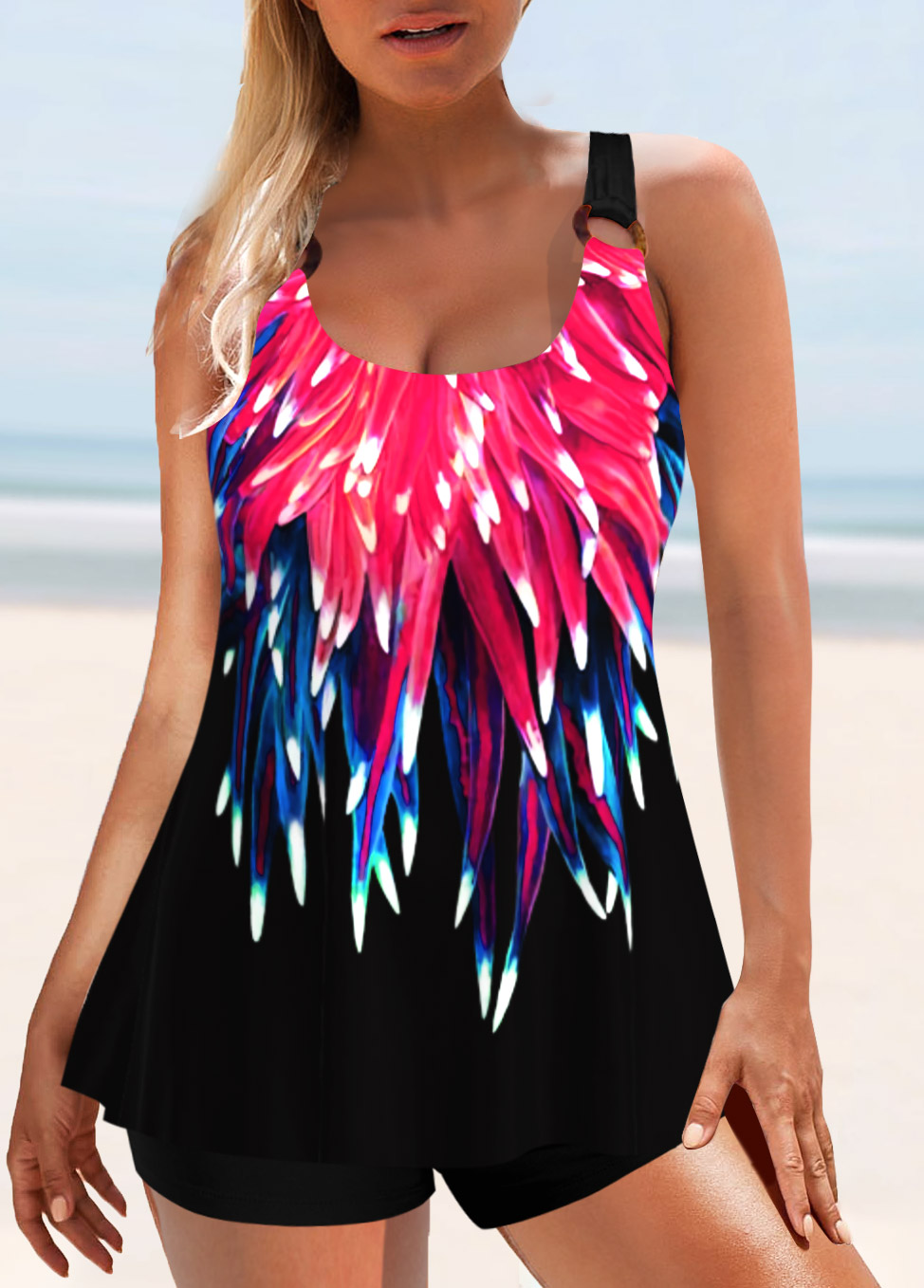 Hot Pink swimwear,Dazzle Colorful swimwear,ROTITA Wide Strap Rose Red Radial Print Tankini Top