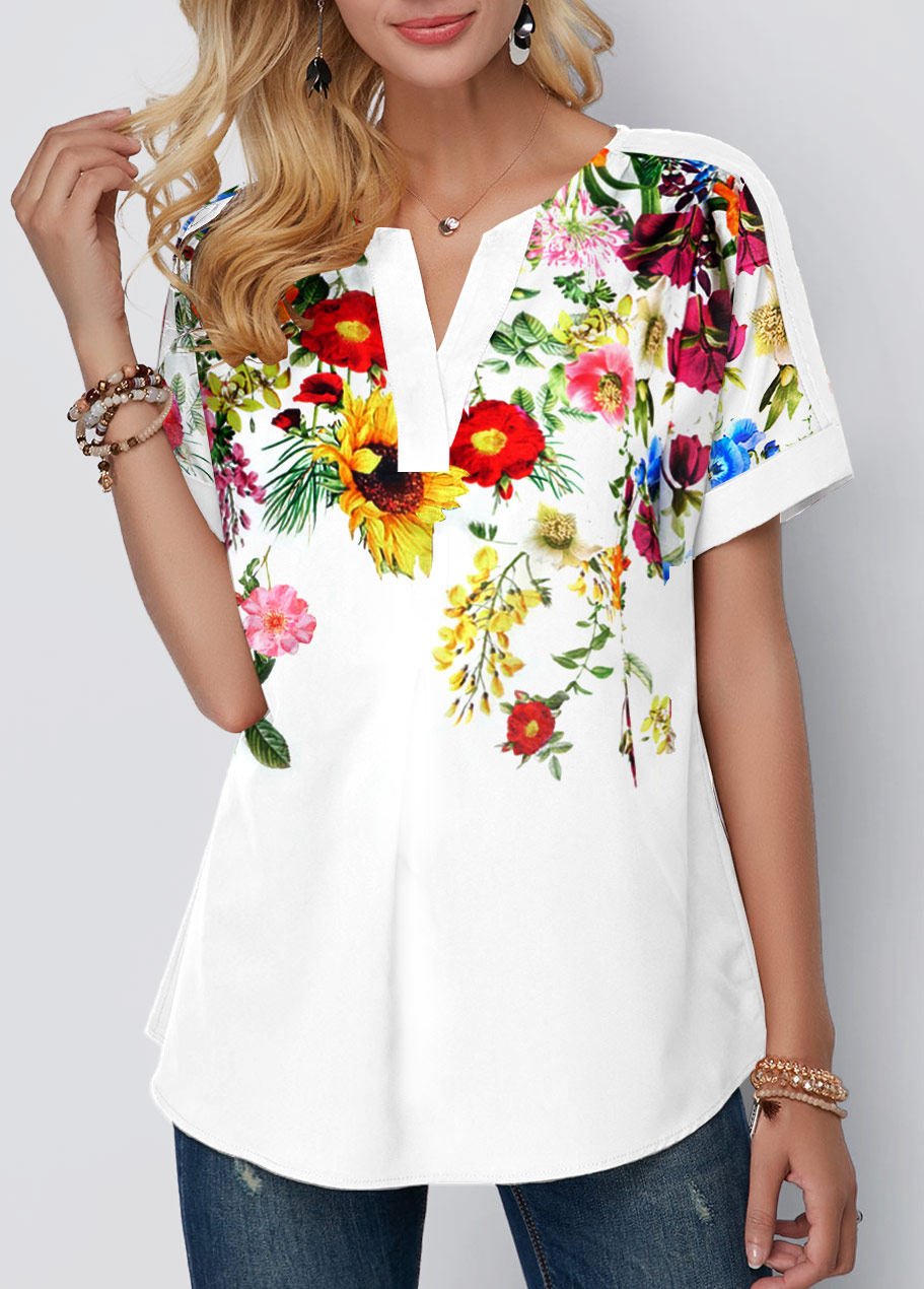 White tops,Floral tops,ROTITA Floral Print Split Neck White T Shirt