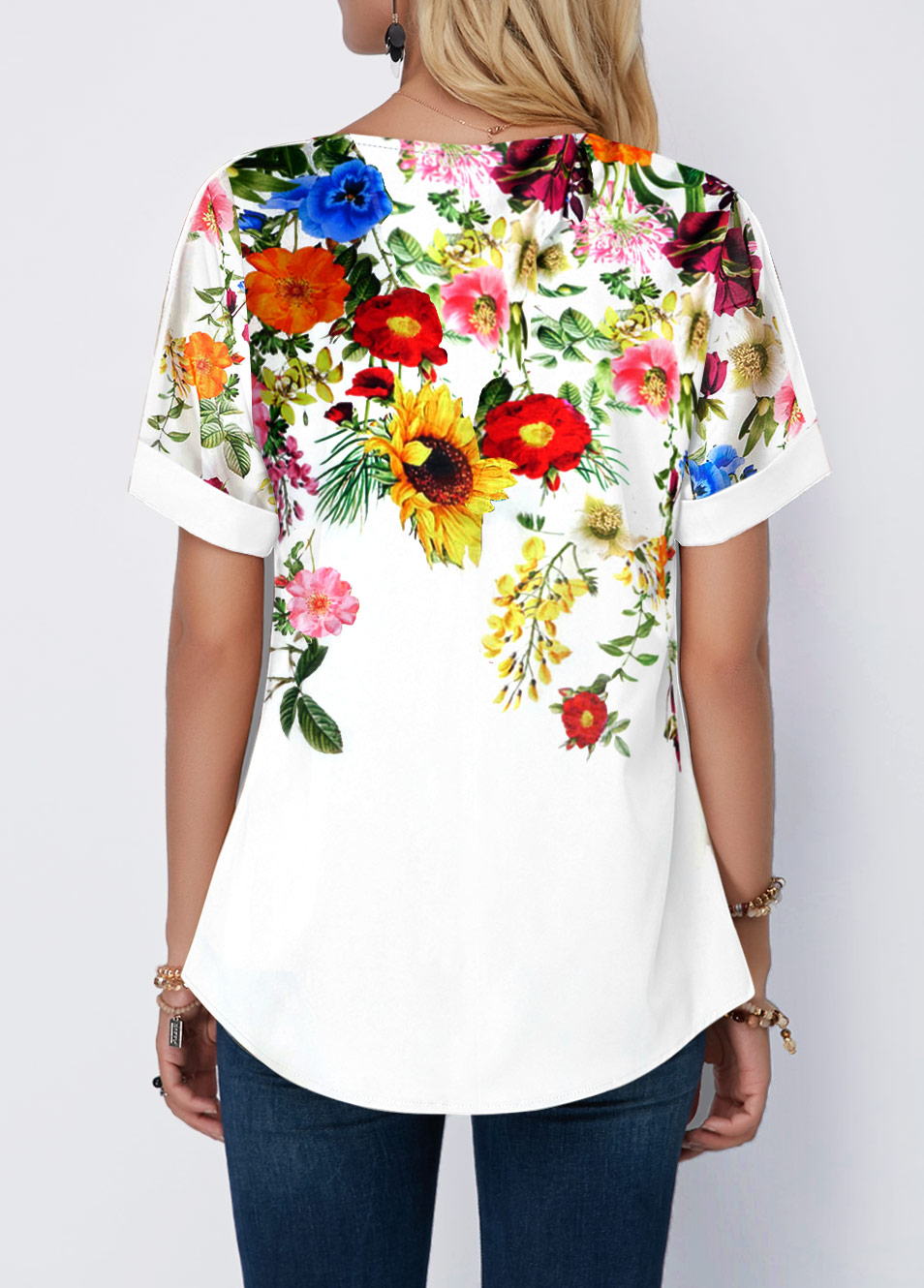 White tops,Floral tops,ROTITA Floral Print Split Neck White T Shirt