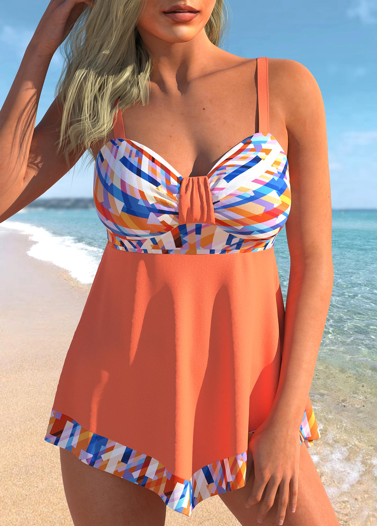 ROTITA Coral Orange Geometric Print Asymmetric Hem Swimdress Top-No Bottom