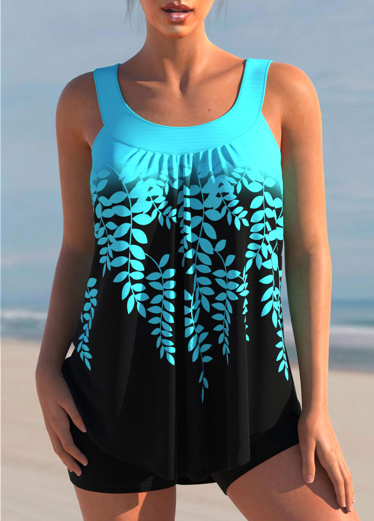 Multi Color swimwear,Plants swimwear,ROTITA Cyan Leaf Print Ombre Color Block Tankini Top