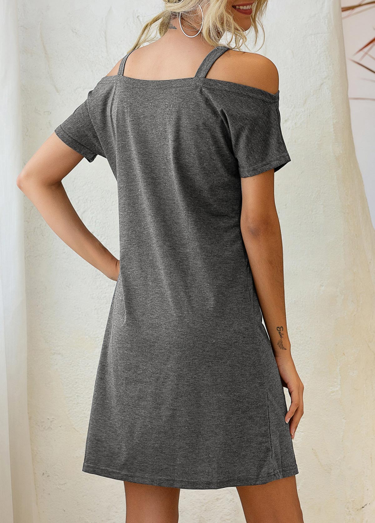 Dark Grey dresses,Plain Color dresses,Strappy Cold Shoulder Dark Grey Short Sleeve Dress