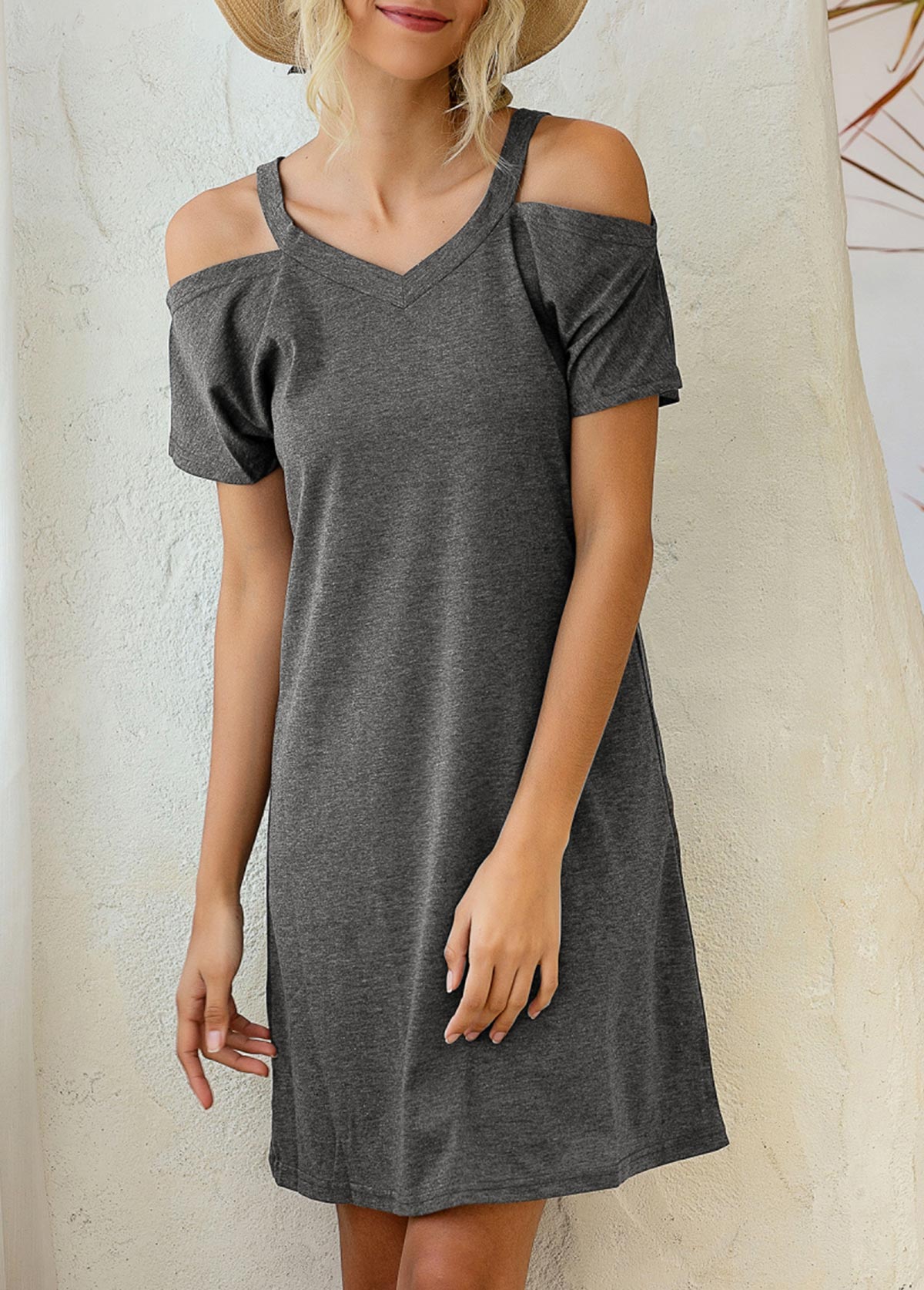 Dark Grey dresses,Plain Color dresses,Strappy Cold Shoulder Dark Grey Short Sleeve Dress
