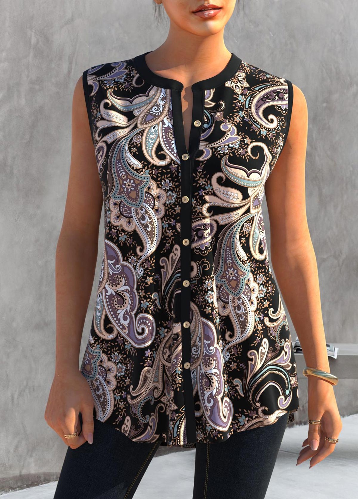Black tops,Paisley tops,ROTITA Black Paisley Print Split Neck Tank Top