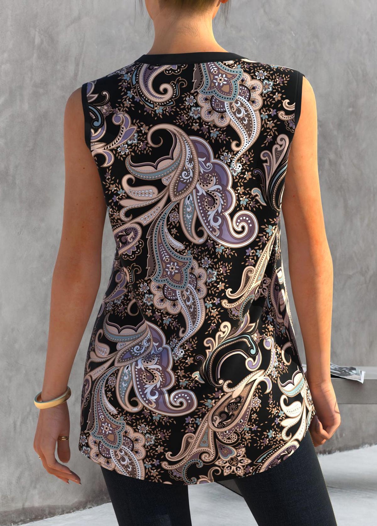 Black tops,Paisley tops,ROTITA Black Paisley Print Split Neck Tank Top