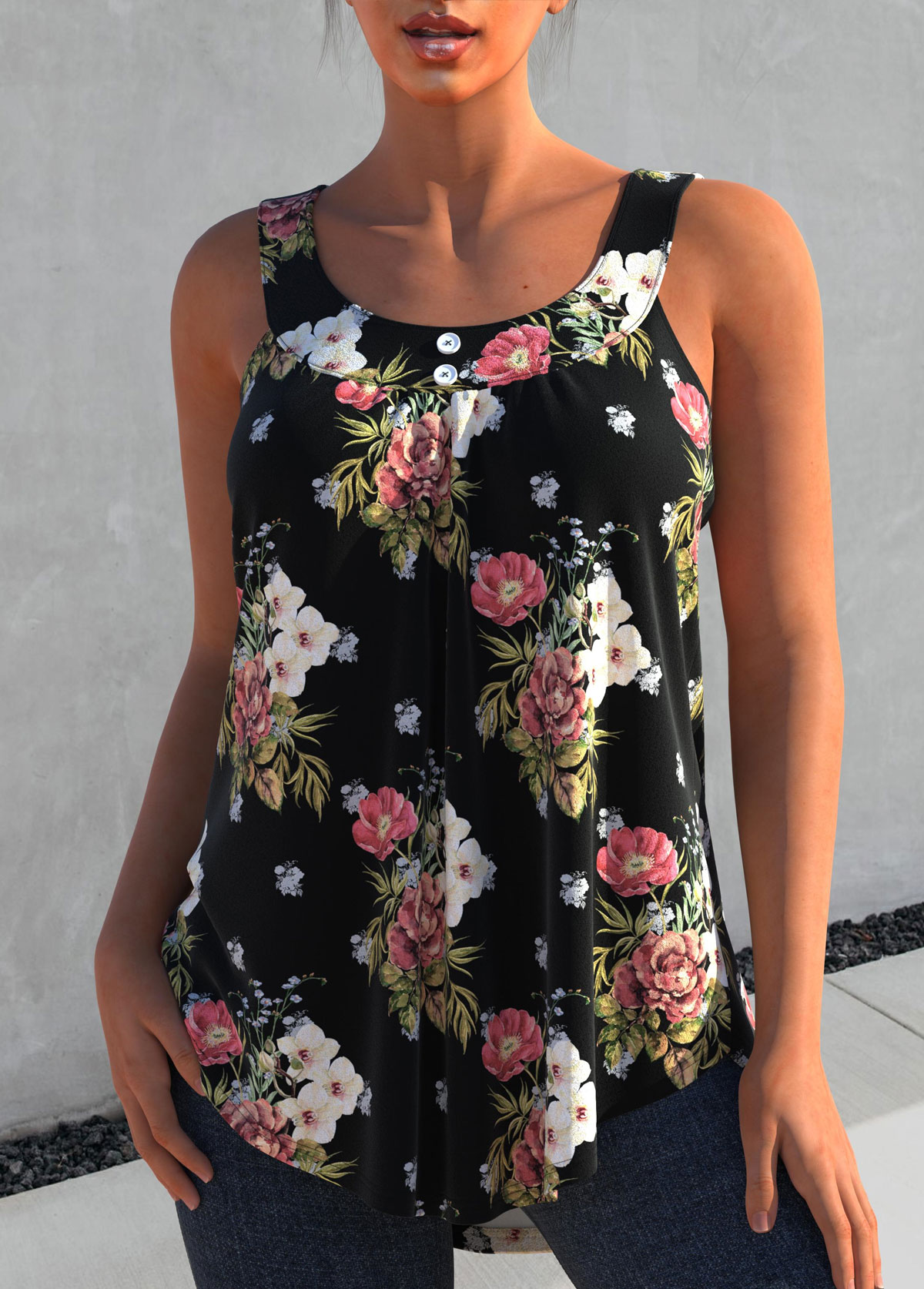 Black tops,Floral tops,ROTITA Floral Print Wide Strap Black Tank Top