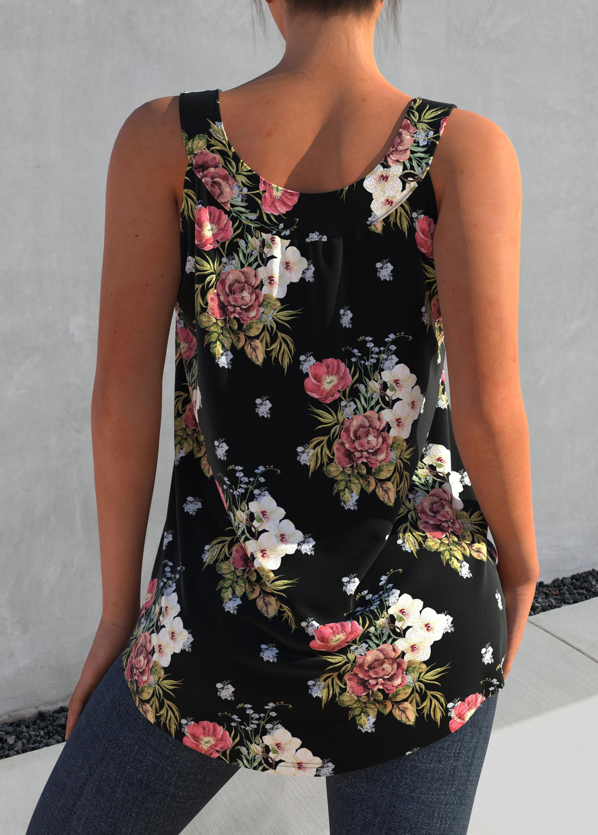 Black tops,Floral tops,ROTITA Floral Print Wide Strap Black Tank Top
