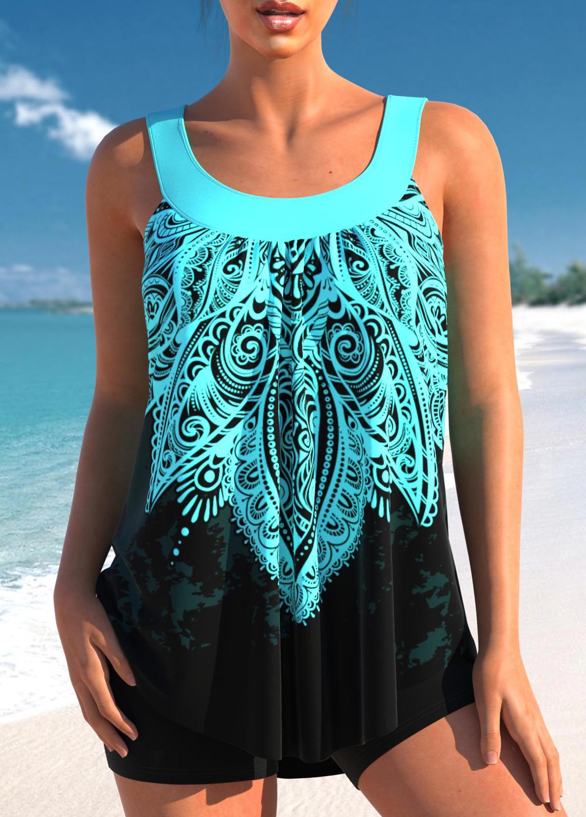 Cyan swimwear,Plants swimwear,ROTITA Tribal Print Cyan Wide Strap Tankini Top
