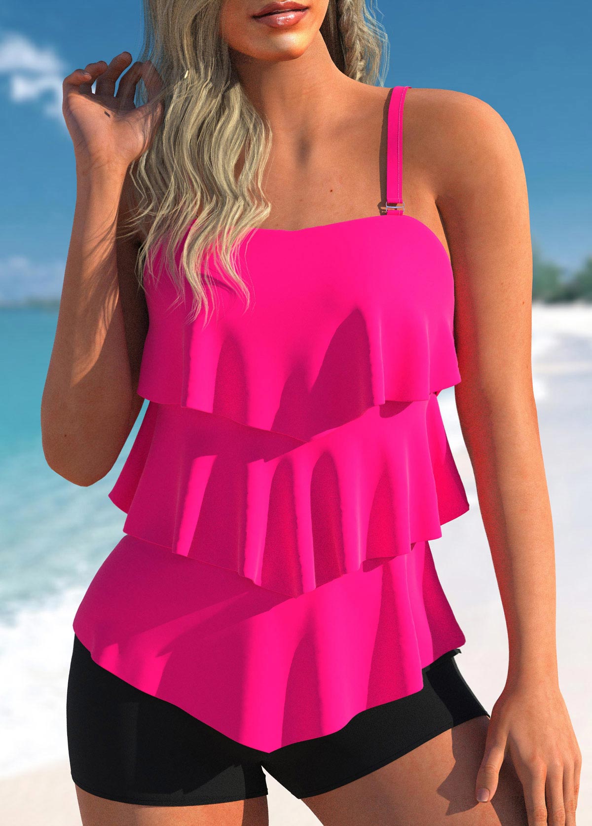 ROTITA Spaghetti Strap Rose Red Layered Hem Tankini Top-No Bottom
