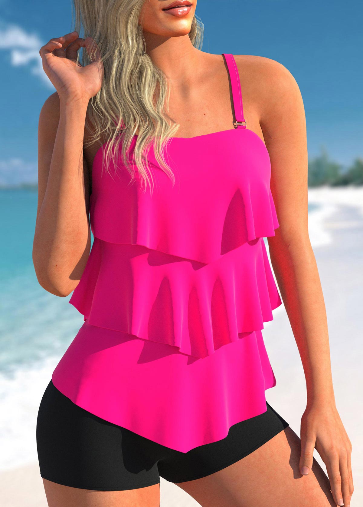 Hot Pink swimwear,Plain Color swimwear,ROTITA Spaghetti Strap Rose Red Layered Hem Tankini Top