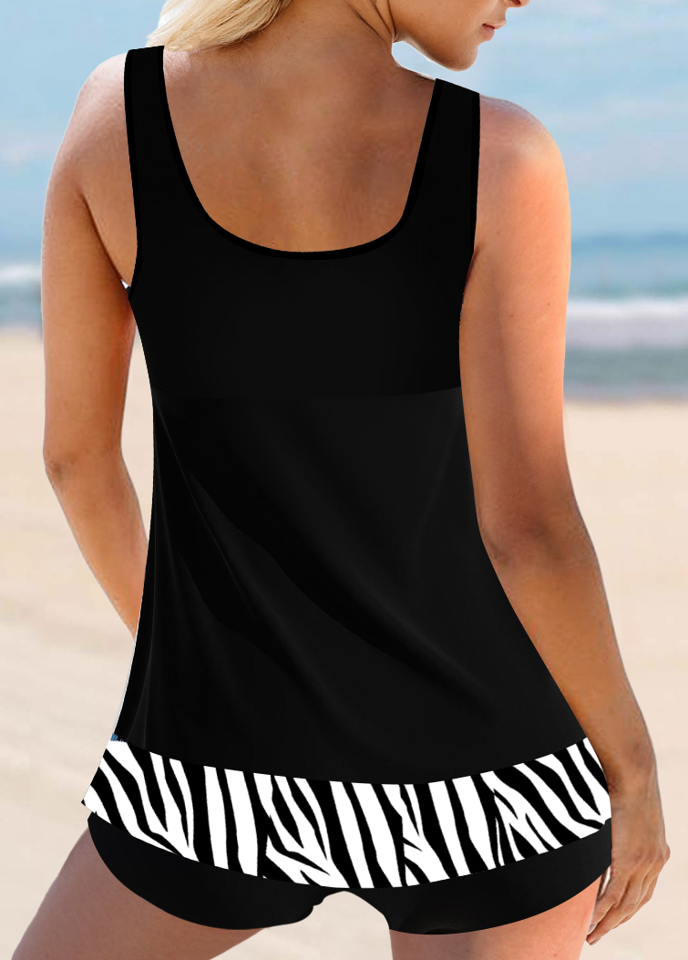 Black swimwear,Animal Print swimwear,ROTITA Zebra Print Black Mesh Stitching Tankini Top