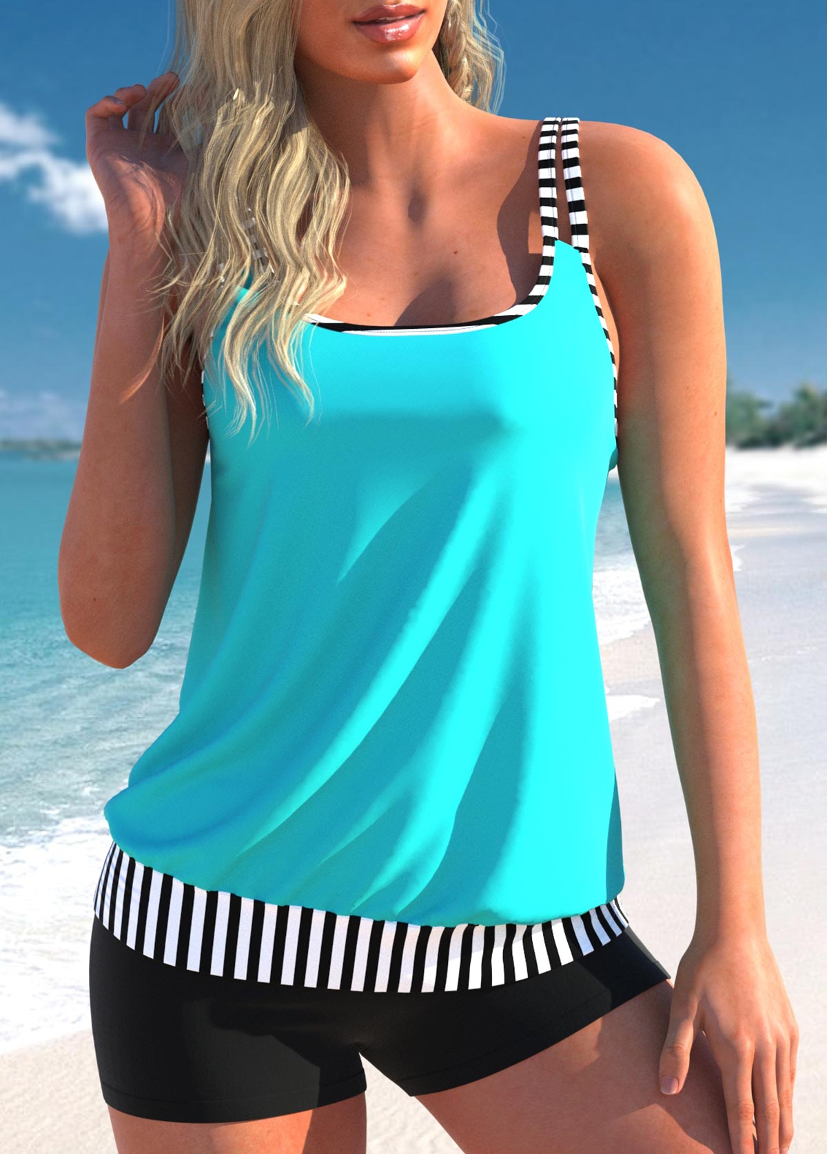 ROTITA Double Straps Cyan Striped Tankini Set