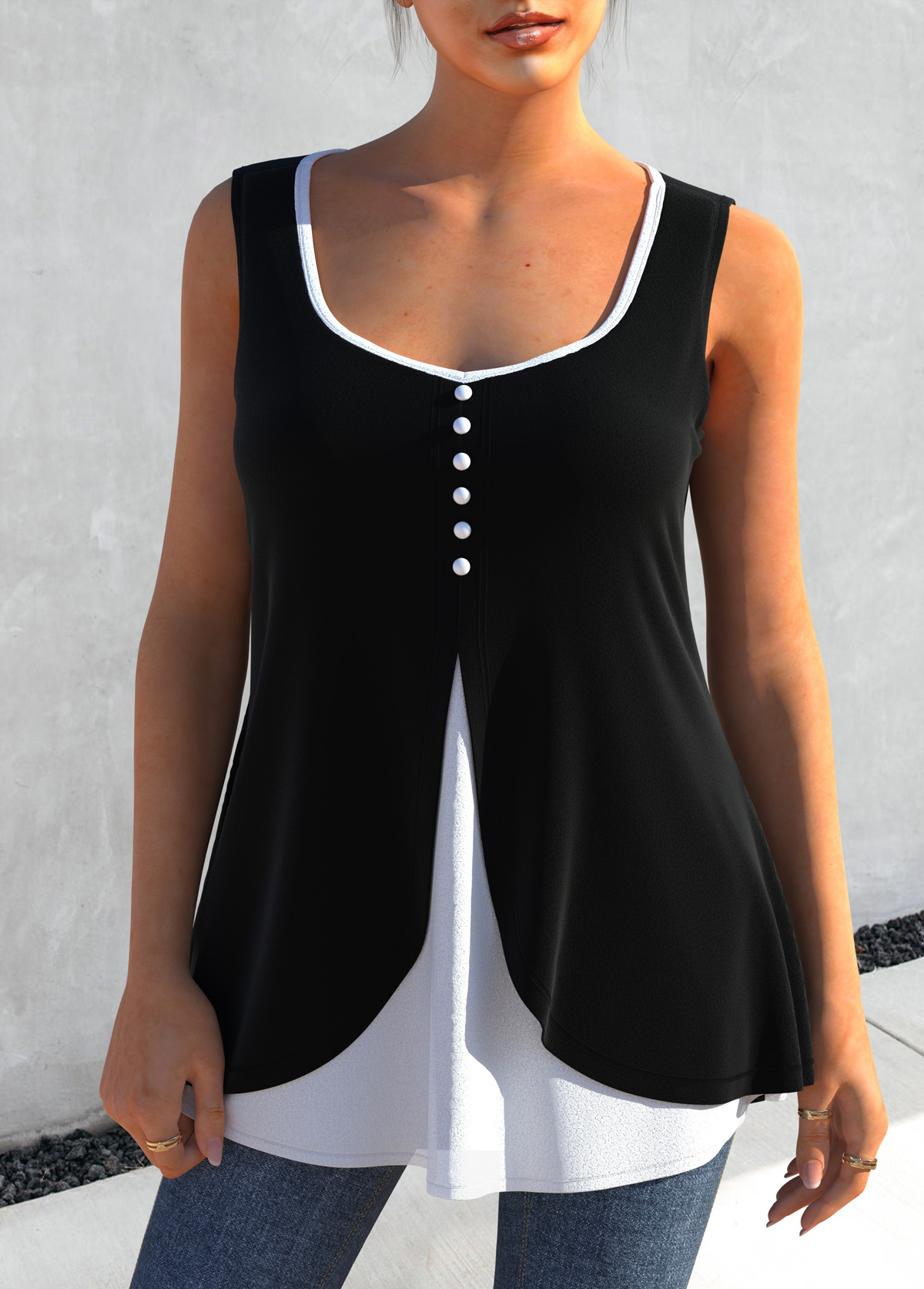 Black tops,Plain Color tops,ROTITA Wide Strap Black Faux Two Piece Tank Top