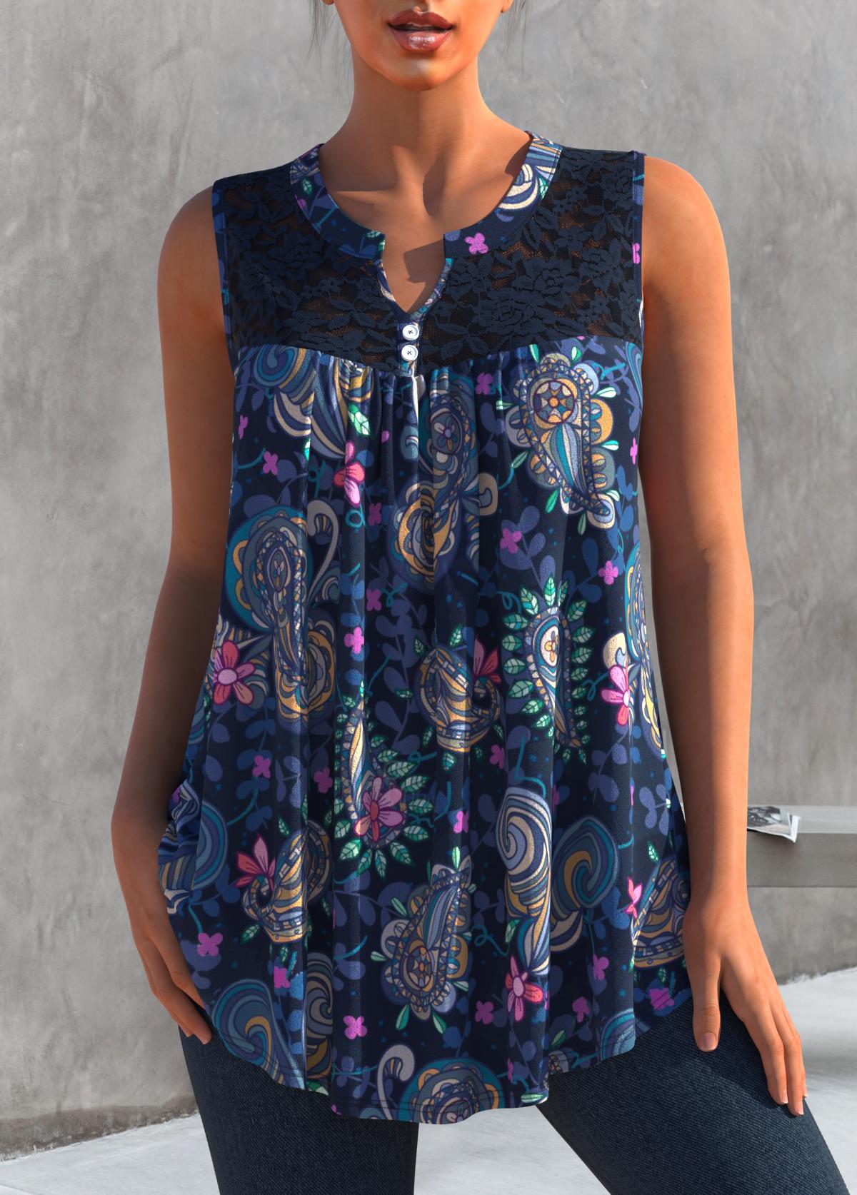 Navy tops,Paisley tops,ROTITA Lace Panel Paisley Print Navy Blue Tank Top