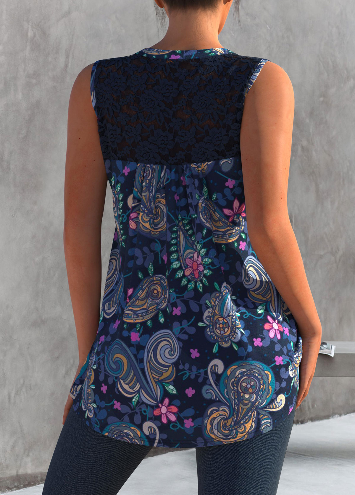 Navy tops,Paisley tops,ROTITA Lace Panel Paisley Print Navy Blue Tank Top