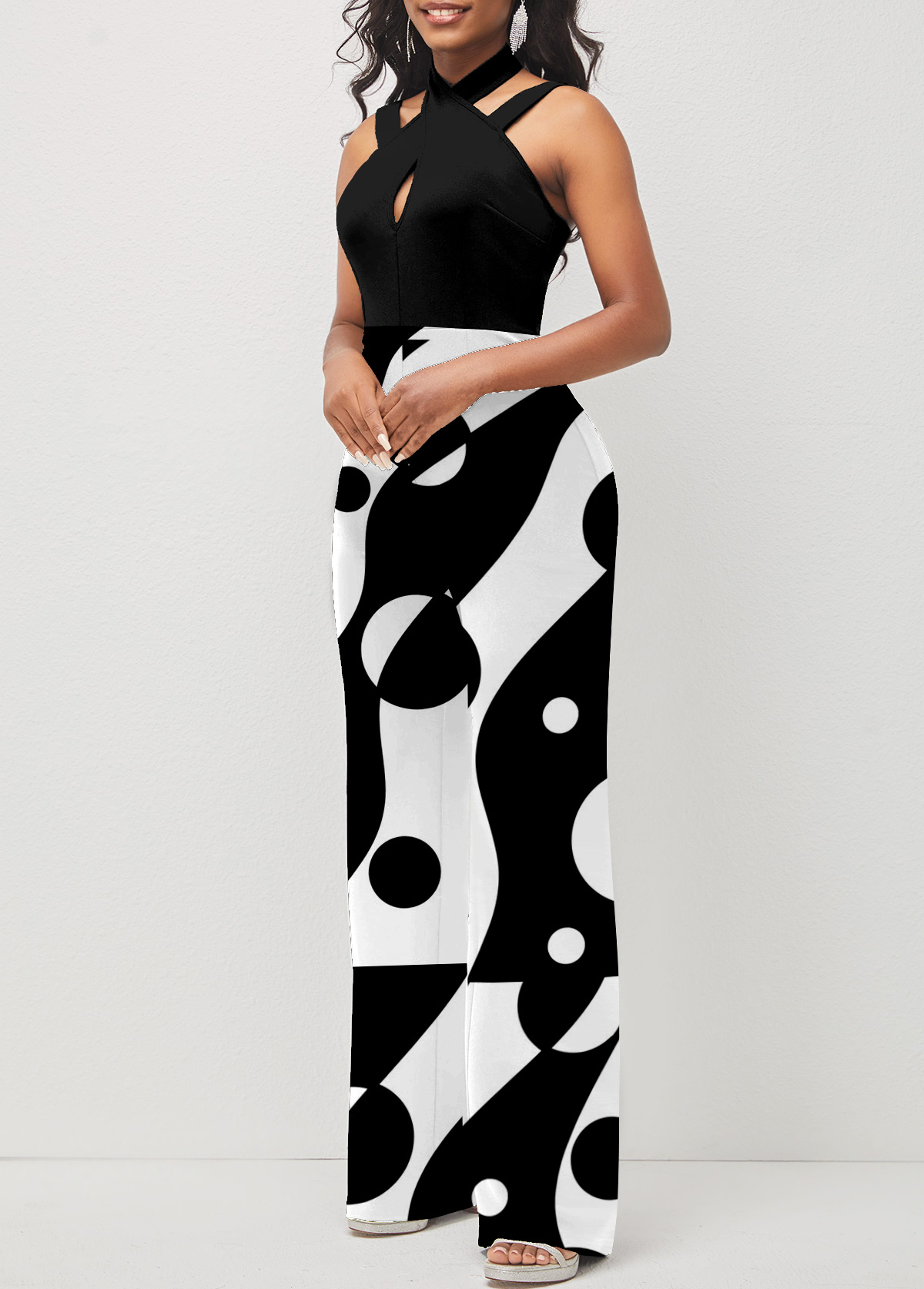 Multi Color jumpsuits & rompers,Geometric jumpsuits & rompers,ROTITA Polka Dot Cross Strap Color Block Jumpsuit