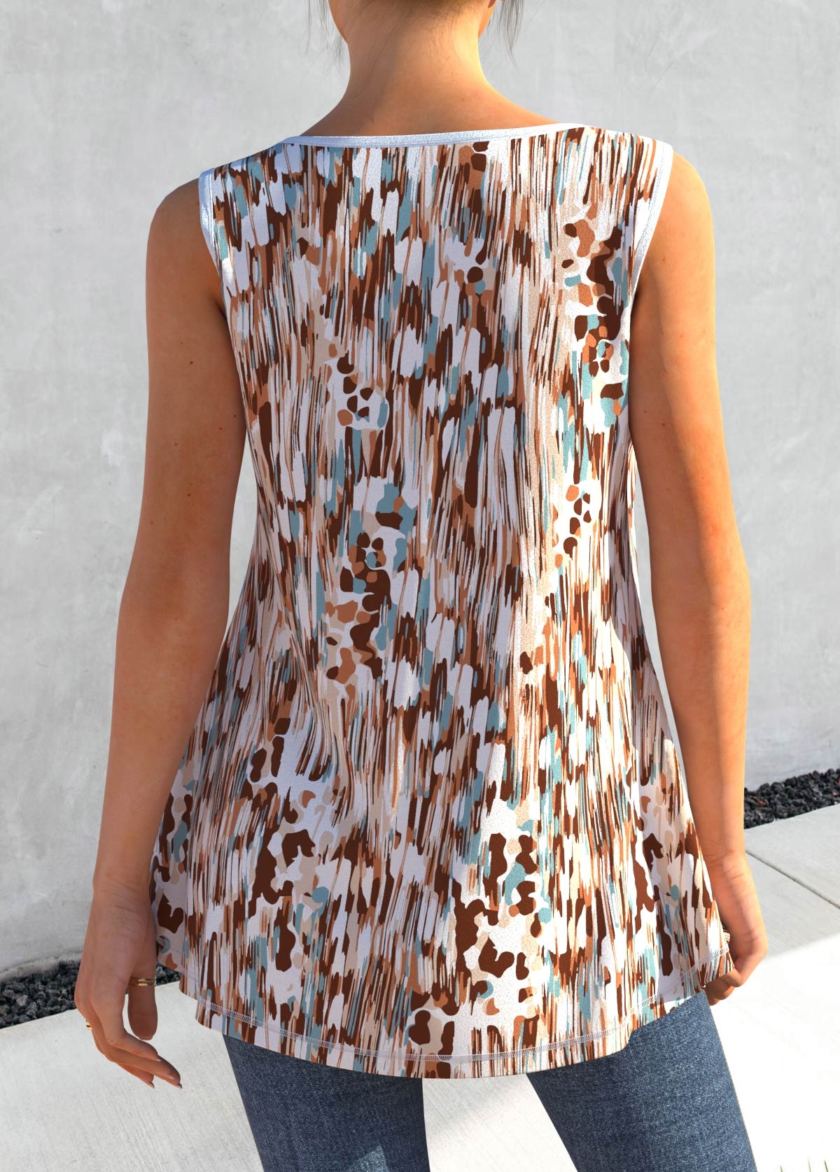 Multi Color tops,Graphic tops,ROTITA Multi Color Graffiti Print Decorative Button Tank Top