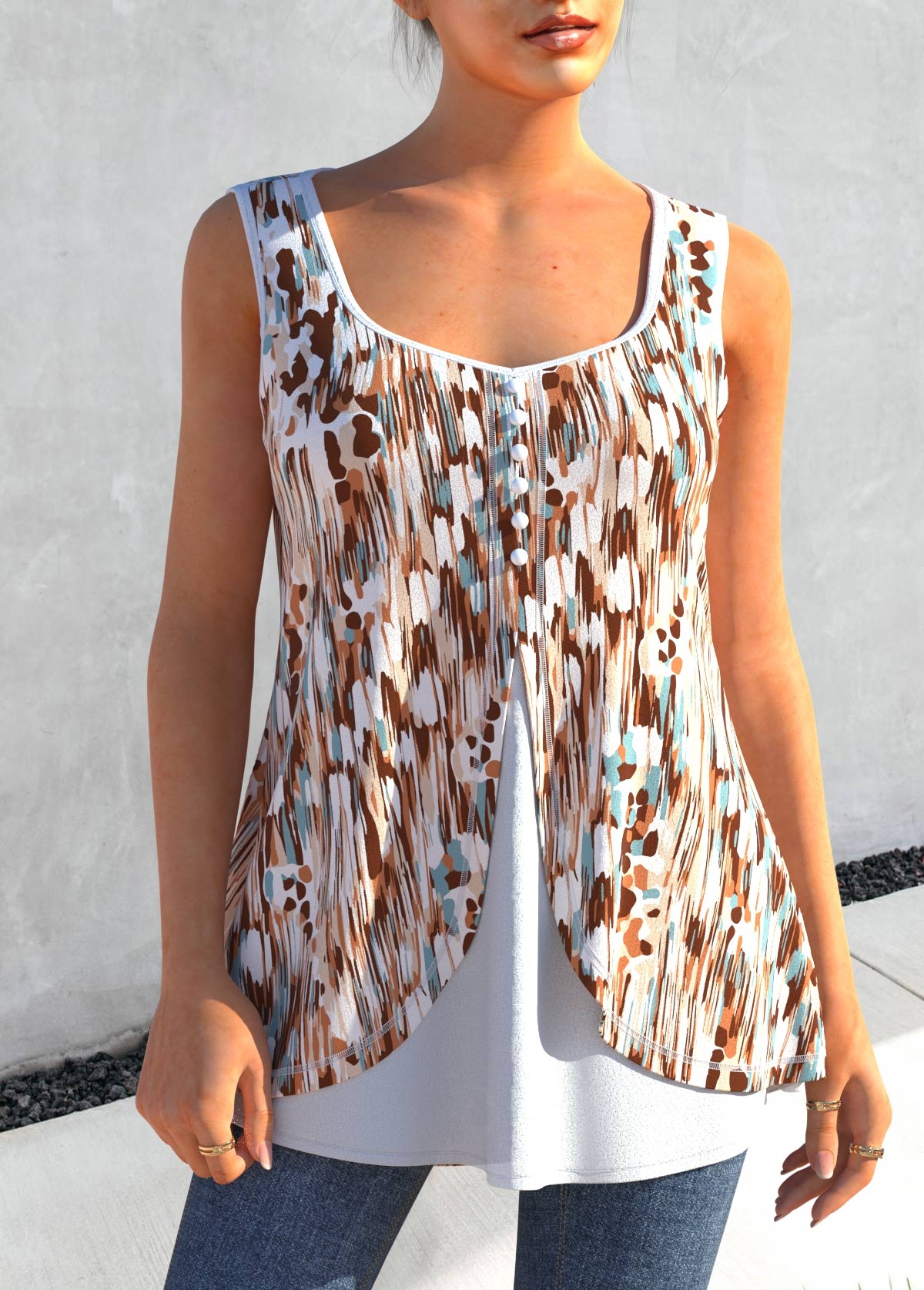 Multi Color tops,Graphic tops,ROTITA Multi Color Graffiti Print Decorative Button Tank Top