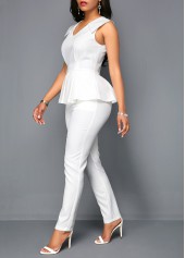 White jumpsuits & rompers,Plain Color jumpsuits & rompers,ROTITA V Neck Sleeveless White Peplum Jumpsuit
