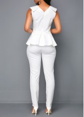 White jumpsuits & rompers,Plain Color jumpsuits & rompers,ROTITA V Neck Sleeveless White Peplum Jumpsuit