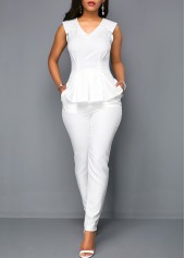 ROTITA V Neck Sleeveless White Peplum Jumpsuit