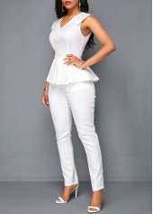 White jumpsuits & rompers,Plain Color jumpsuits & rompers,ROTITA V Neck Sleeveless White Peplum Jumpsuit
