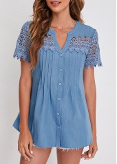 Denim Blue tops,Plain Color tops,ROTITA Faux Denim Split Neck Lace Patchwork Blouse