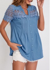 Denim Blue tops,Plain Color tops,ROTITA Faux Denim Split Neck Lace Patchwork Blouse