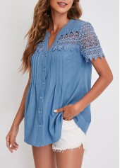 Denim Blue tops,Plain Color tops,ROTITA Faux Denim Split Neck Lace Patchwork Blouse