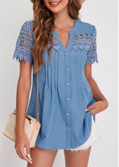 ROTITA Faux Denim Split Neck Lace Patchwork Blouse