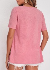 Pink tops,Plain Color tops,ROTITA Pink Cage Neck Lace Patchwork T Shirt