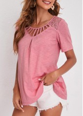 Pink tops,Plain Color tops,ROTITA Pink Cage Neck Lace Patchwork T Shirt