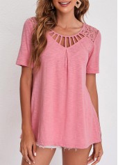 ROTITA Pink Cage Neck Lace Patchwork T Shirt