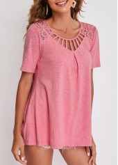 Pink tops,Plain Color tops,ROTITA Pink Cage Neck Lace Patchwork T Shirt
