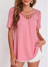 Pink tops,Plain Color tops,ROTITA Pink Cage Neck Lace Patchwork T Shirt