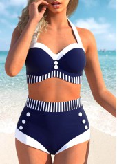 Rotita Button Marineblau gestreiftes Bikini-Set mit hoher Taille