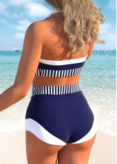 Navy swimwear,Striped swimwear,Geometric swimwear,ROTITA Button Navy Striped High Waisted Bikini Set