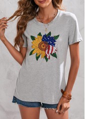 Short Sleeve American Flag Print Light Grey T Shirt