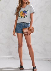 Light Grey tops,Flag tops,Short Sleeve American Flag Print Light Grey T Shirt
