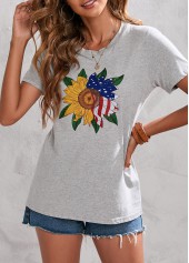 Light Grey tops,Flag tops,Short Sleeve American Flag Print Light Grey T Shirt
