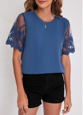 Blue tops,Plain Color tops,Blue Mesh Stitching Lace Patchwork T Shirt