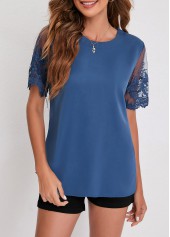Blue tops,Plain Color tops,Blue Mesh Stitching Lace Patchwork T Shirt