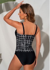 Black swimwear,Plaid swimwear,Wide Strap Plaid Black Cutout Tankini Set