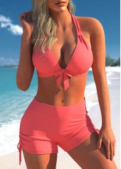 ROTITA Mid Waist Drawstring Side Coral Red Bikini Set