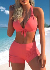 Coral swimwear,Plain Color swimwear,ROTITA Mid Waist Drawstring Side Coral Red Bikini Set
