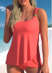 Coral swimwear,Plain Color swimwear,ROTITA Metal Detail Coral Red Wide Strap Tankini Set